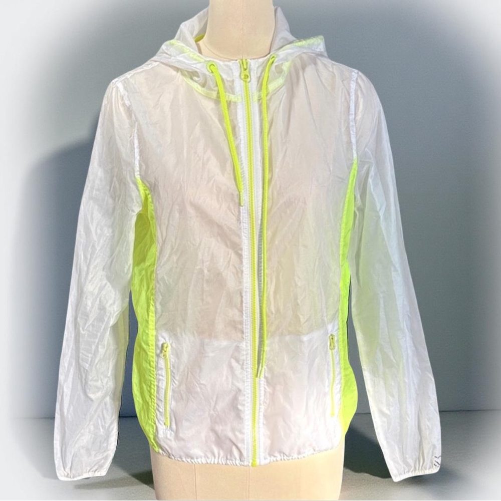 Women's White and Neon Yellow Safety Hooded Windbreaker